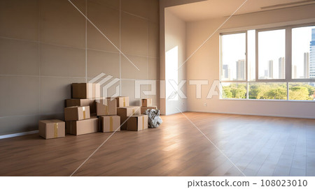 Interior of an empty aparment with packing boxes, moving day concept 108023010