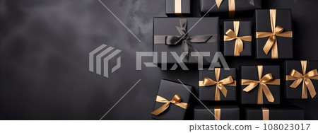 Black gift boxes arranged on dark background, black friday discounts concept 108023017