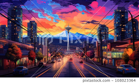 Postcard with night Vancouver, neon style. 108023364