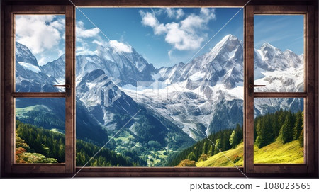 Landscape beautiful view from window to incredible snowy alps and lovely nature around, nature concept Landscape beautiful view from window to incredible snowy alps and lovely nature around, nature concept 108023565