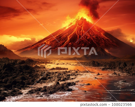Exploded volcano with flowing hot lava to the nature, natural disaster Exploded volcano with flowing hot lava to the nature, natural disaster 108023566