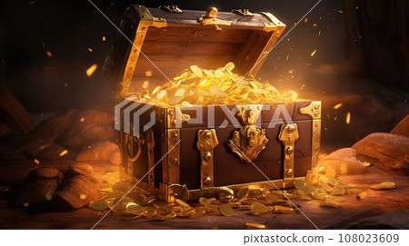 Wooden, shining treasure chest with piece of gold 108023609