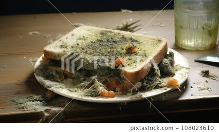 Moldy sandwich with green mold on a plate, food concept 108023610