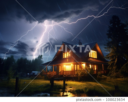 Huge thunderstorm with strong lighting over the cottage in the forest, nature concept 108023634