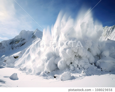 Strong avalanche with ice and snow rolling down from the glacier or hill, nature concept Strong avalanche with ice and snow rolling down from the glacier or hill, nature concept 108023658