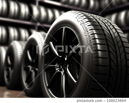 Detail to new tires in the car service, changing summer and winter tires, transportation concept 108023664