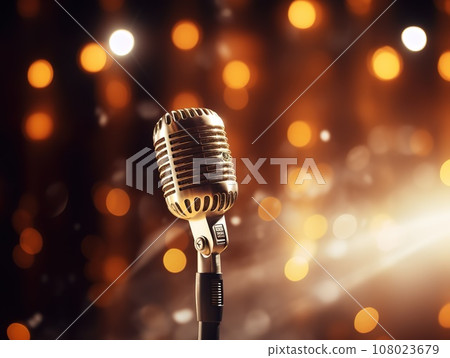 Detail to microphone on the stage with glowing blurred background 108023679