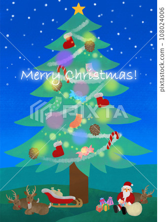 Christmas material Santa Claus and red-nosed reindeer under the tree with text Christmas material Santa Claus and red-nosed reindeer under the tree with text 108024006