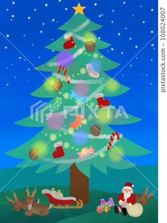 Christmas material Santa Claus and red-nosed reindeer under the tree Christmas material Santa Claus and red-nosed reindeer under the tree 108024007