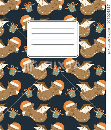 Design of covers for notebooks, planners with the image of a sleeping dragon in a Santa Claus hat. A small dinosaur. Vector illustration in cartoon style. Design of covers for notebooks, planners with the image of a sleeping dragon in a Santa Claus hat. A small dinosaur. Vector illustration in cartoon style. 108024217