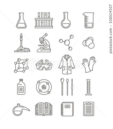 Chemistry lab outline icons. Chemical laboratory equipment linear symbols. Chemistry class, school subject glyphs. Thin line pictograms of microscope, flask, burner, safety goggles, lab coat, molecule Chemistry lab outline icons. Chemical laboratory equipment linear symbols. Chemistry class, school subject glyphs. Thin line pictograms of microscope, flask, burner, safety goggles, lab coat, molecule 108024507