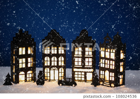 Winter village made of paper. Paper winter city night landscape. 108024536