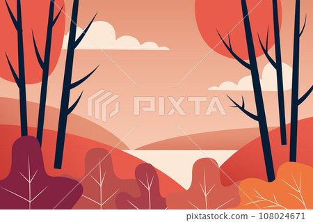 Autumn landscape with trees, hills, fields, bushes. Countryside landscape. Autumn background. Vector illustration 108024671