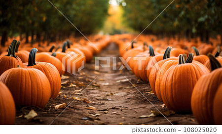 Pumpkin patch with rows of orange pumpkins ready for carving. Ripe pumpkins in a farmer's field. Generative Ai. 108025020