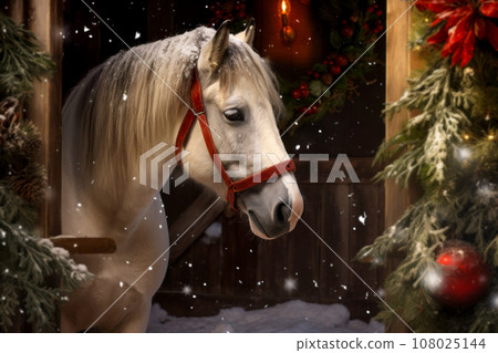 A white horse in a stable decorated for Christmas. Generative Ai. 108025144