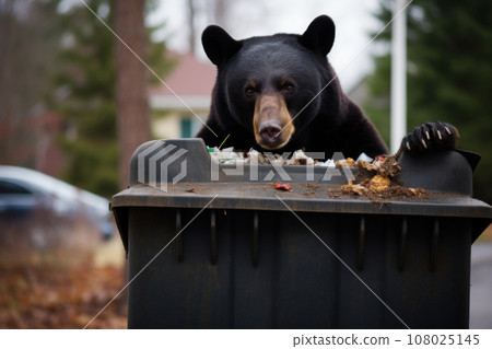 A black bear crawls into a suburban trash can. Generative Ai. 108025145