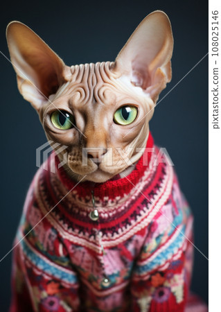 Sphynx cat in red holiday sweater against Christmas background. Generative Ai. 108025146