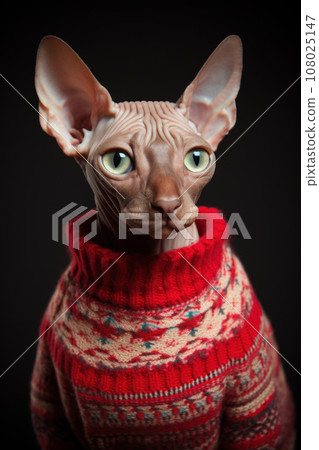 Sphynx cat in red holiday sweater against Christmas background. Generative Ai. 108025147