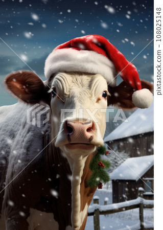 A farm cow wearing Santa Claus hat ion snowy winter background. Generative Ai. 108025148