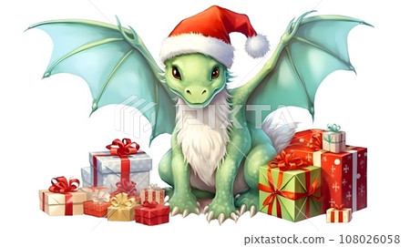 Cute cartoon watercolor green christmas dragon - symbol of the year with gifts 108026058
