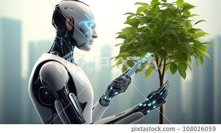 Android robot holding a green plant 108026059