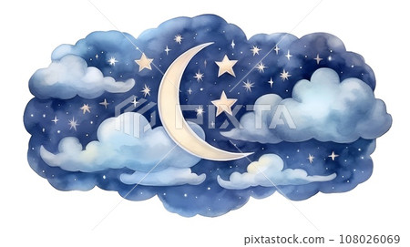 Watercolor night landscape with moon, clouds and stars 108026069