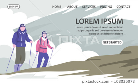 Man and woman with backpacks climbs uphill 108026078