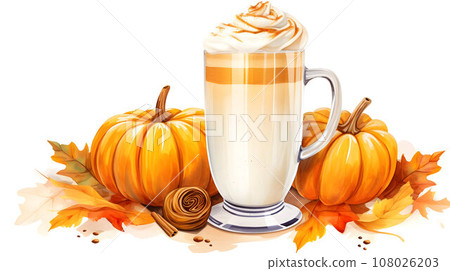 Traditional autumn pumpkin spiced latter isolated on white, watercolor Traditional autumn pumpkin spiced latter isolated on white, watercolor 108026203