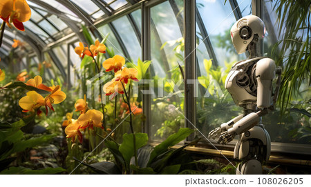 Android robot holding a green plant 108026205