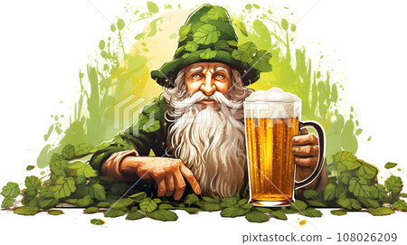 Leprechaun, traditional Irish character, drinking beer 108026209