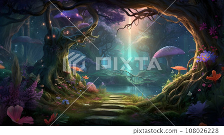 Magical fairy fantasy wood, large trees, flowers and mushrooms, late at night Magical fairy fantasy wood, large trees, flowers and mushrooms, late at night 108026228
