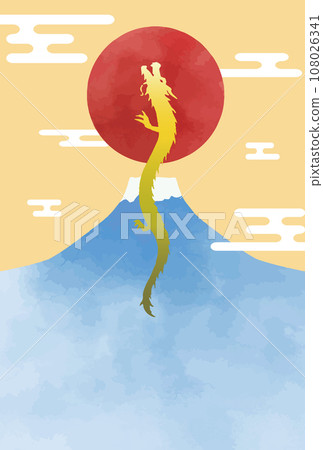 Watercolor-style Mt. Fuji, sun, and rising dragon material for New Year's cards 108026341