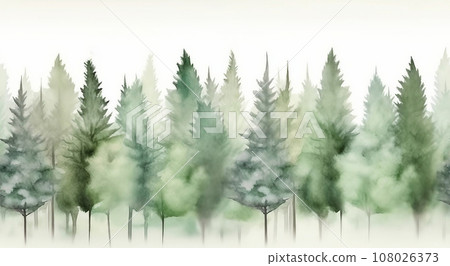 Seamless pattern with foggy spruce forest. Fir trees isolated on white background. 108026373