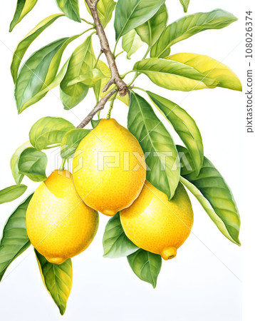 Watercolor lemon fruits on a branch with green leaves isolated on white background 108026374