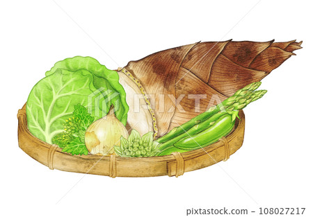 水彩畫竹籃上的春菜 水彩畫竹籃上的春菜 108027217