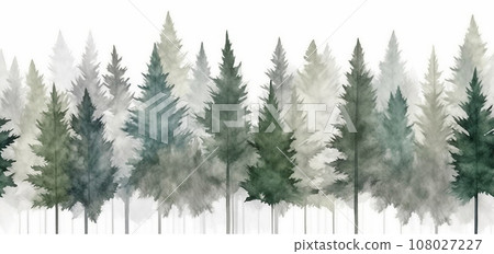 Seamless pattern with foggy spruce forest. Fir trees isolated on white background. 108027227