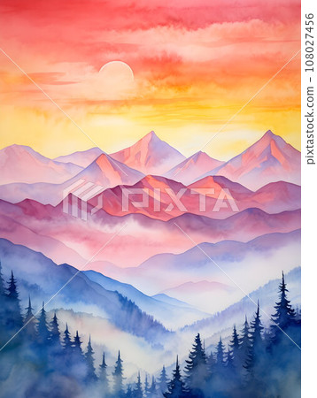 Sunset misty mountains landscape, gradient of pink colors Sunset misty mountains landscape, gradient of pink colors 108027456
