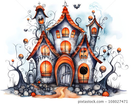 Cute halloween haunted house watercolor style isolated on white background 108027471