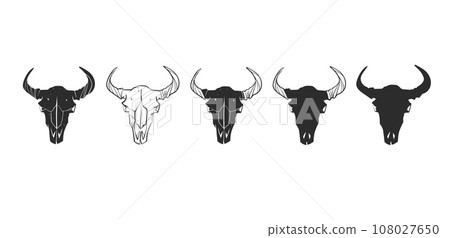 Hand drawn vector abstract graphic line art collection set of mystical and esoteric bull and cow animal skull ,isolated on white background.Skull bull Vector drawn sketch illustration and silhouette. 108027650