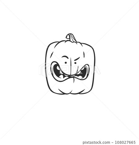 Hand drawn vector abstract graphic,black , line art Jack O lantern happy Halloween pumpkin face outline isolated. Halloween Character outline autumn design concept. Scary horror Halloween symbol icon. 108027665
