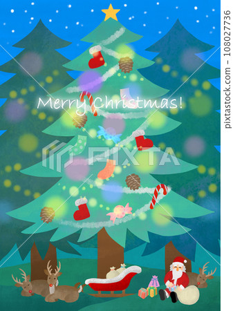 Christmas material Santa Claus and red-nosed reindeer under the tree with text Christmas material Santa Claus and red-nosed reindeer under the tree with text 108027736