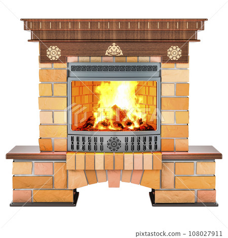 Fireplace from bricks, front view. 3D rendering 108027911