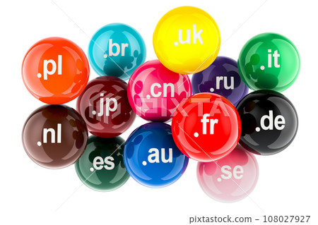 Colored balls with country code top level domain names, 3D rendering 108027927