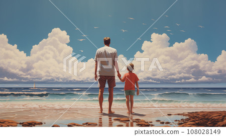 A father holding a son's hand. Standing in front of the beach with clear blue sky. Generative AI. 108028149