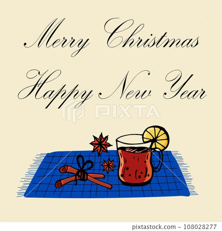 Christmas card drinks and spices. Beige, blue, red colors. Doodle style. Vector illustration. Christmas card drinks and spices. Beige, blue, red colors. Doodle style. Vector illustration. 108028277