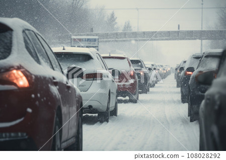 Car traffic on snowy slippery road at winter season. Generative AI 108028292