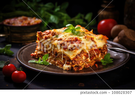 Piece of lasagna bolognese on plate. Italian cuisine. Generative AI 108028307