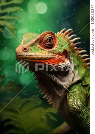 Lizard against green background. Generative AI 108028374