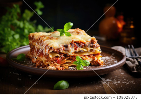 Piece of lasagna bolognese on plate. Italian cuisine. Generative AI Piece of lasagna bolognese on plate. Italian cuisine. Generative AI 108028375