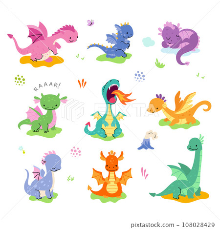Cartoon cute dragon. Isolated funny dragons characters. Mythical animals with fire flame and wings. Little dinosaurs, nowaday childish vector set 108028429